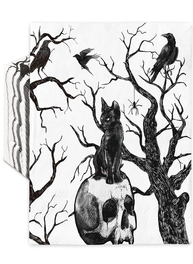 JarThenaAMCS مناديل ورقية للهالوين من جارثينا إيه إم سي إس، ٥٠ قطعة، بتصميم جمجمة سوداء وقطة، مناسبة للغداء والعشاء، ولتزيين طاولة الطعام في المنزل أو الحفلات. - Image 1